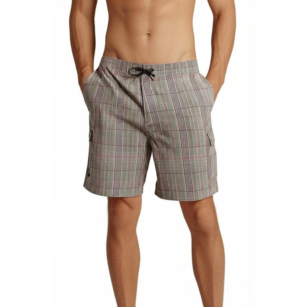 Mossimo Gray Green Red Plaid Swim Trunks Board Shorts Cargo Beach ‎ Size 38 (XL)